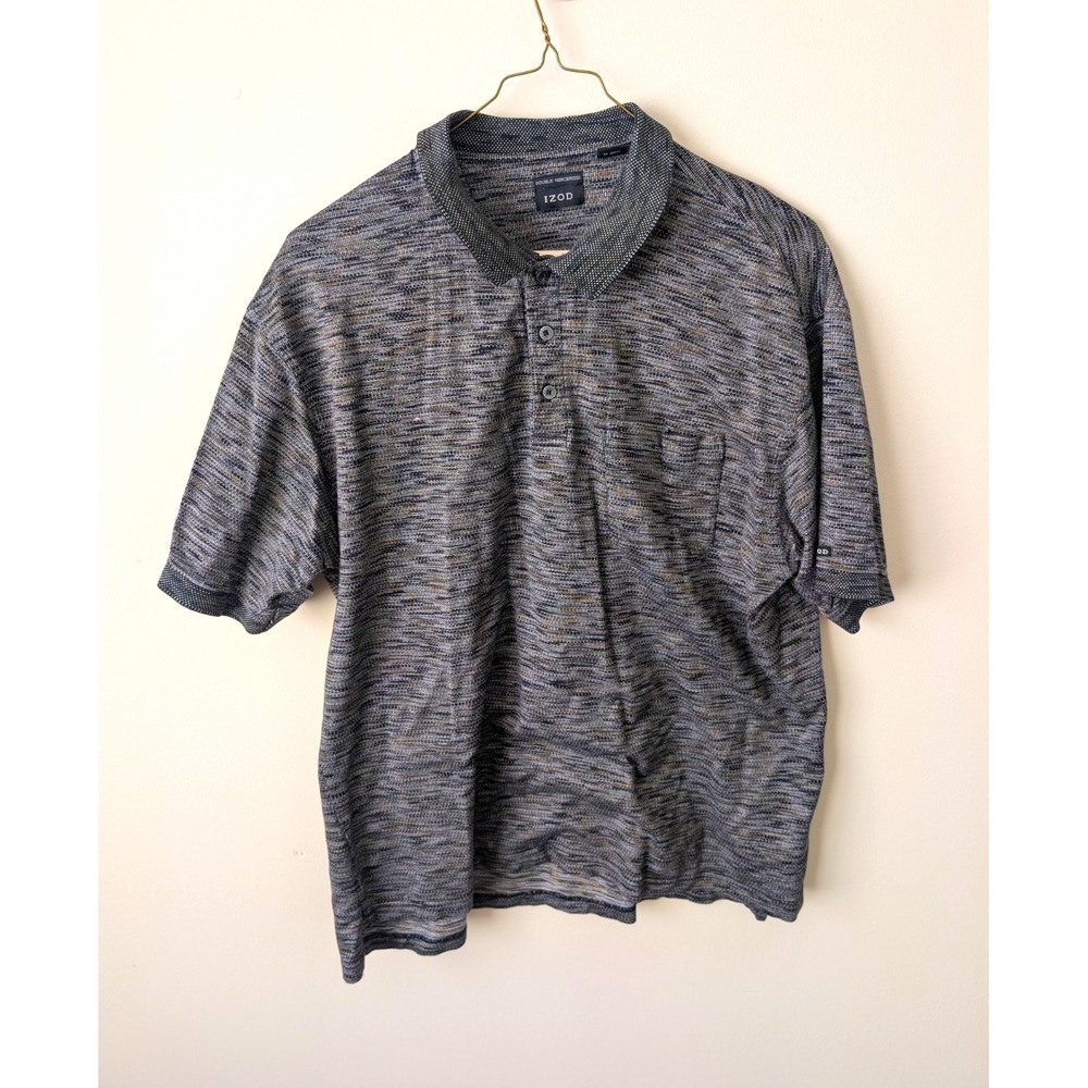 IZOD Polo Shirt Men's XL Gray Black Short Sleeve Geometric Pocket Logo Button
